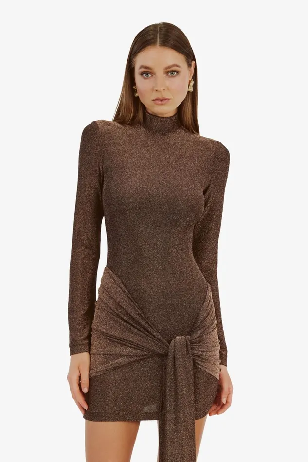 Women Bardot Occasion Dresses Seraphina Tie Front Dress In Bronze Bronze Women Bardot Occasion Dresses Seraphina Tie Front Dress In Bronze Bronze