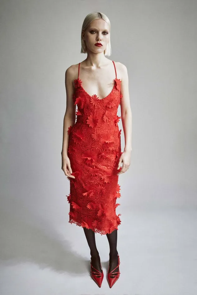 Women Bardot Party Dresses Adei Lace Midi Dress In Fire Red Fire Red