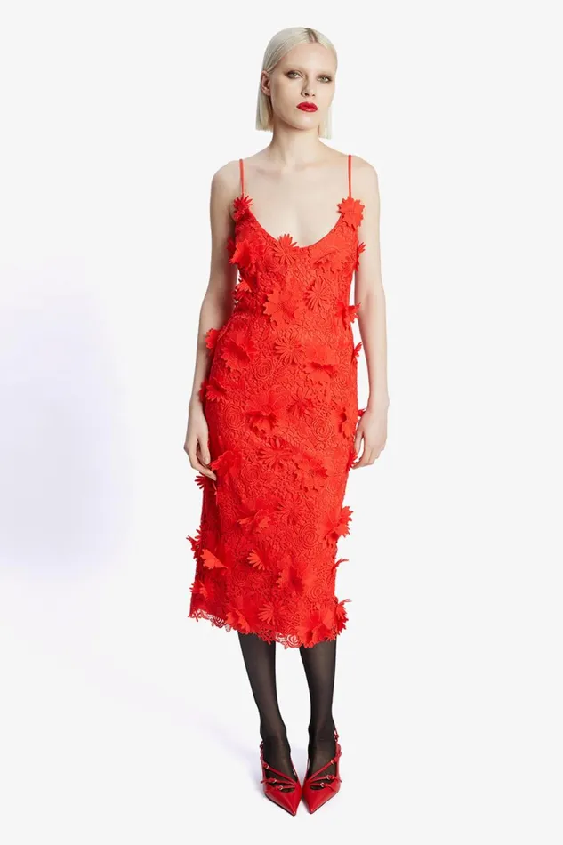 Women Bardot Party Dresses Adei Lace Midi Dress In Fire Red Fire Red