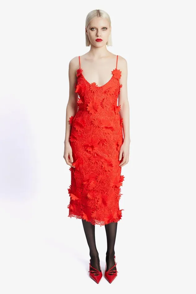 Women Bardot Party Dresses Adei Lace Midi Dress In Fire Red Fire Red