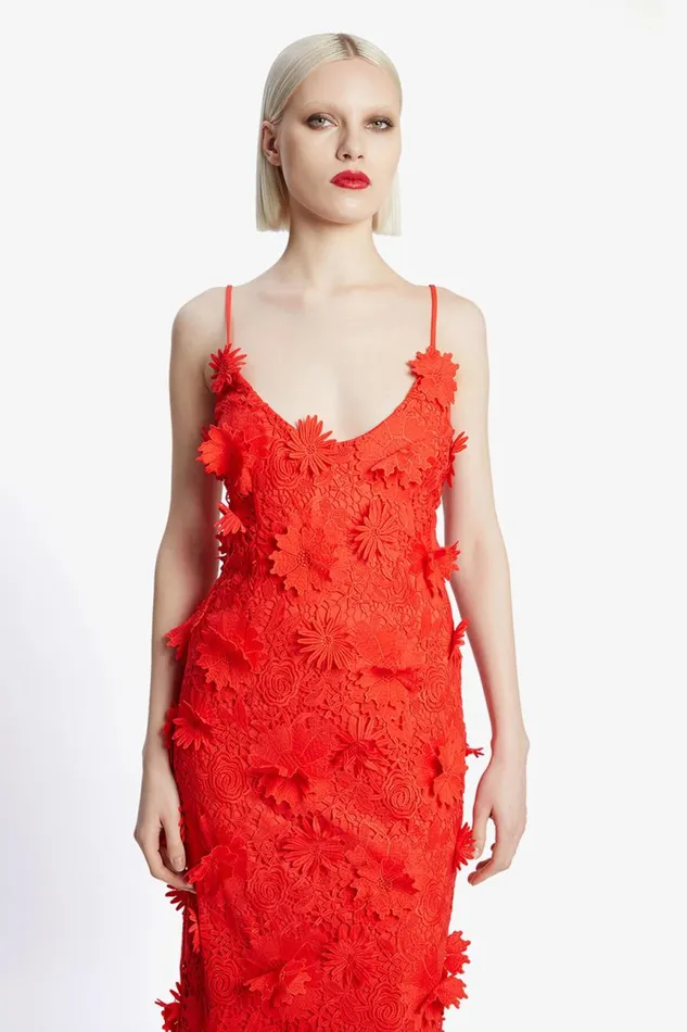 Women Bardot Party Dresses Adei Lace Midi Dress In Fire Red Fire Red
