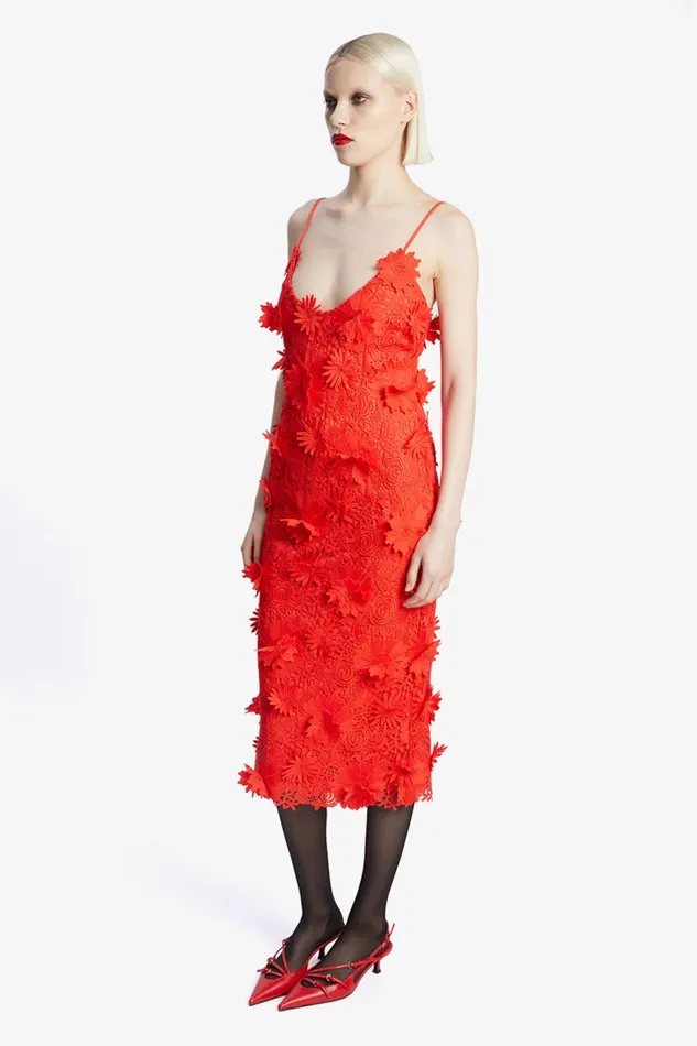 Women Bardot Party Dresses Adei Lace Midi Dress In Fire Red Fire Red