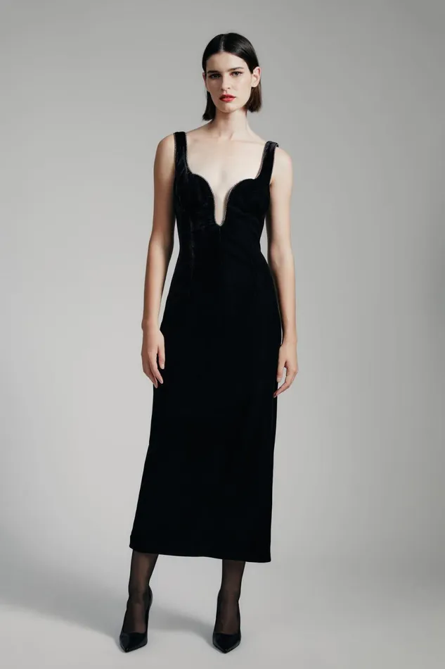 Women Bardot Party Dresses Brooklyn Velour Midi Dress In Black Black
