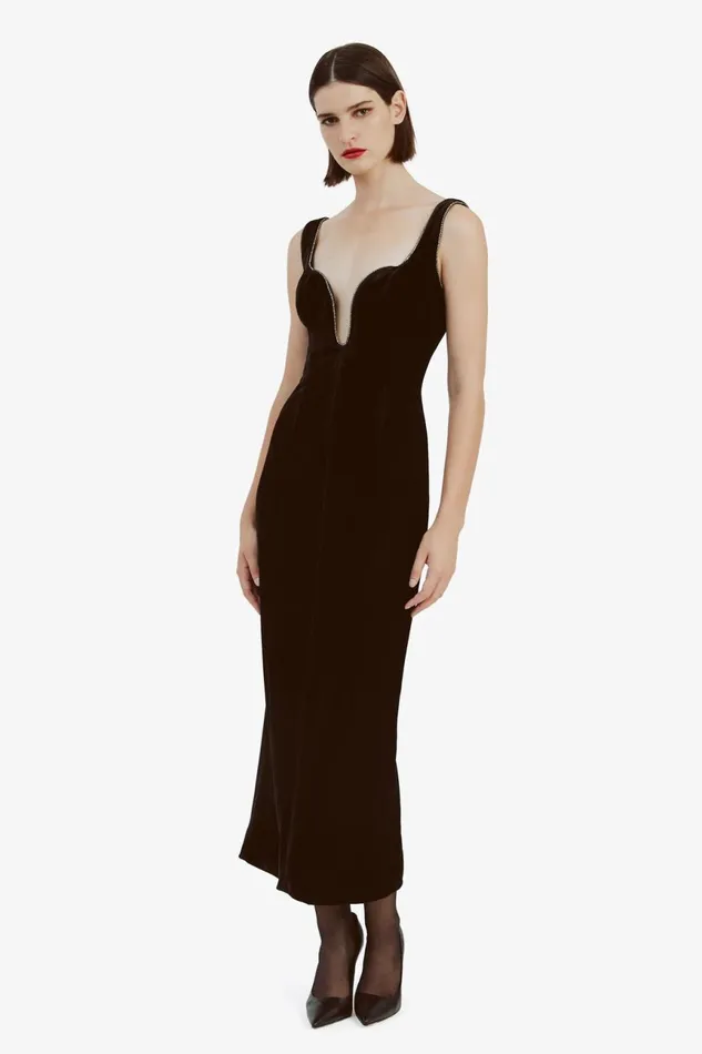 Women Bardot Party Dresses Brooklyn Velour Midi Dress In Black Black Women Bardot Party Dresses Brooklyn Velour Midi Dress In Black Black