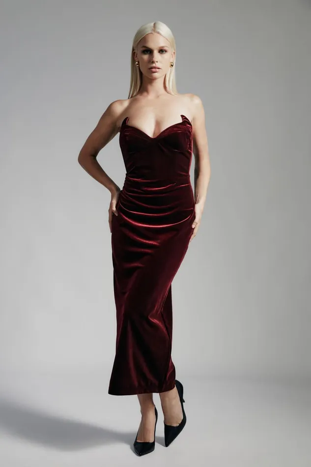 Women Bardot Party Dresses Camellia Velour Midi Dress In Burgundy Burgundy