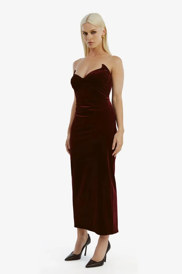 Women Bardot Party Dresses Camellia Velour Midi Dress In Burgundy Burgundy Women Bardot Party Dresses Camellia Velour Midi Dress In Burgundy Burgundy