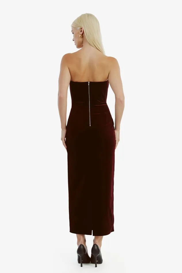 Women Bardot Party Dresses Camellia Velour Midi Dress In Burgundy Burgundy Women Bardot Party Dresses Camellia Velour Midi Dress In Burgundy Burgundy