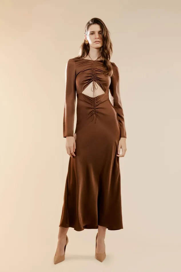 Women Bardot Party Dresses Daring Satin Midi Dress In Chocolate Chocolate