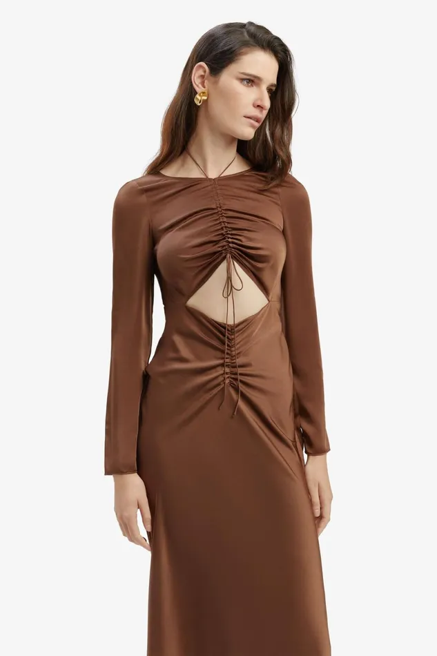 Women Bardot Party Dresses Daring Satin Midi Dress In Chocolate Chocolate