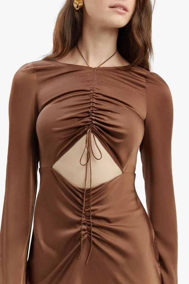 Women Bardot Party Dresses Daring Satin Midi Dress In Chocolate Chocolate