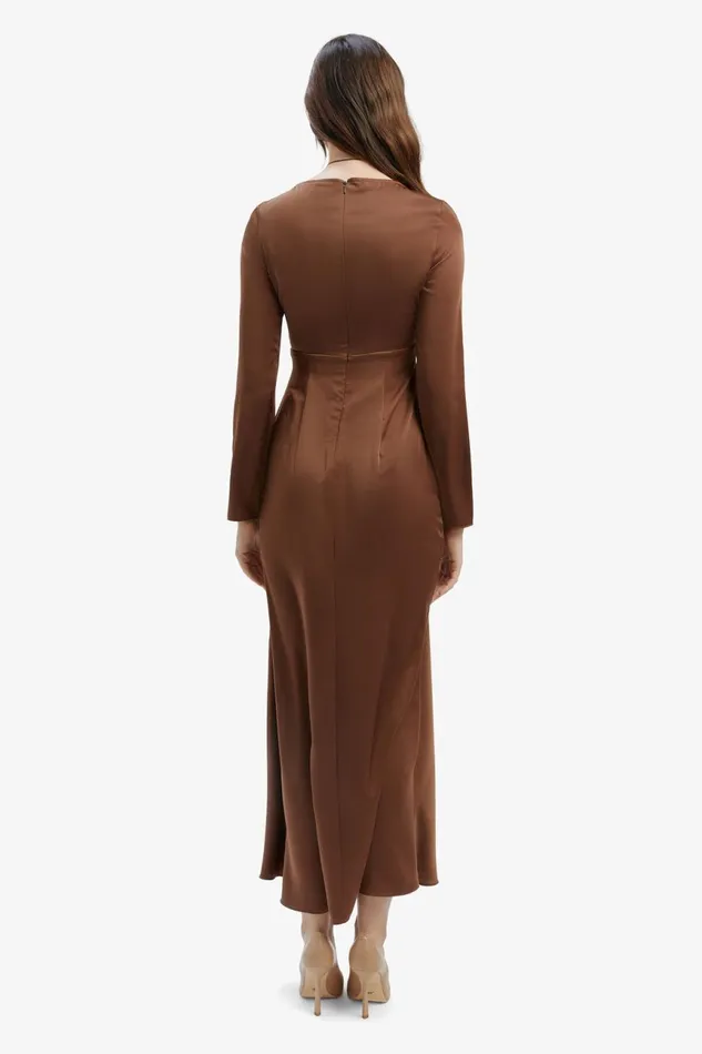 Women Bardot Party Dresses Daring Satin Midi Dress In Chocolate Chocolate