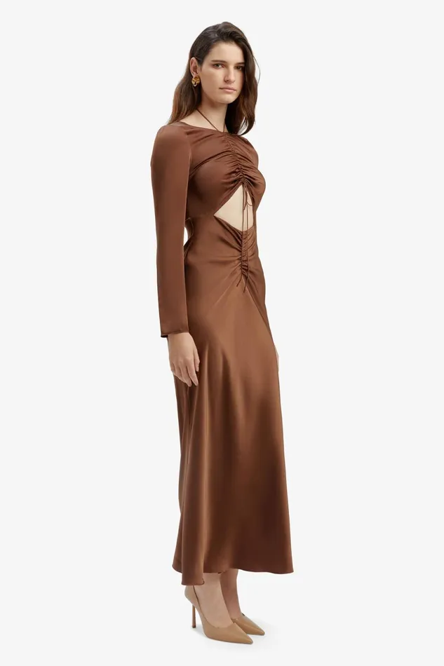 Women Bardot Party Dresses Daring Satin Midi Dress In Chocolate Chocolate