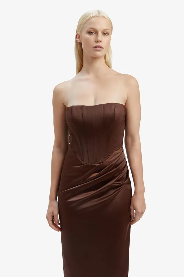 Women Bardot Party Dresses Everlasting Satin Midi Dress In Chocolate Chocolate