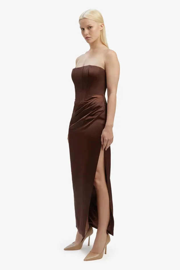 Women Bardot Party Dresses Everlasting Satin Midi Dress In Chocolate Chocolate
