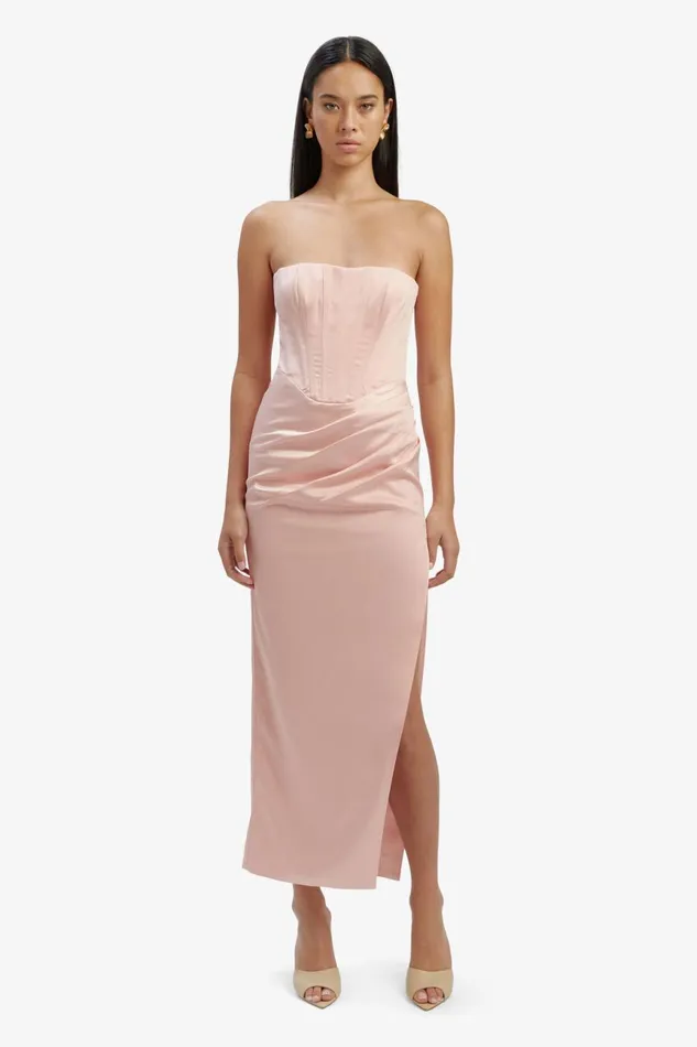 Women Bardot Party Dresses Everlasting Satin Midi Dress In Soft Pink Soft Pink