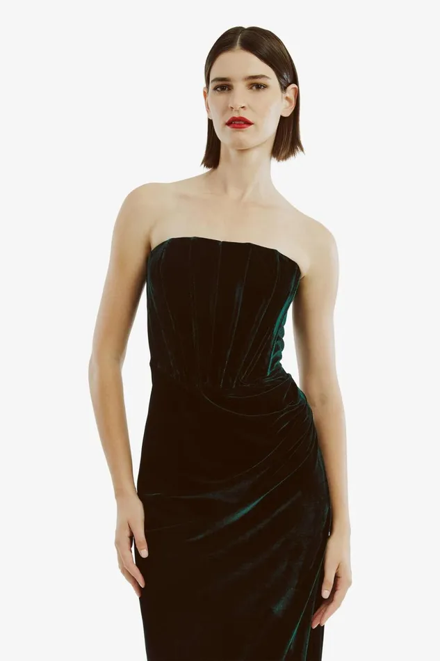 Women Bardot Party Dresses Everlasting Velour Midi Dress In Emerald Gr Emerald Gr