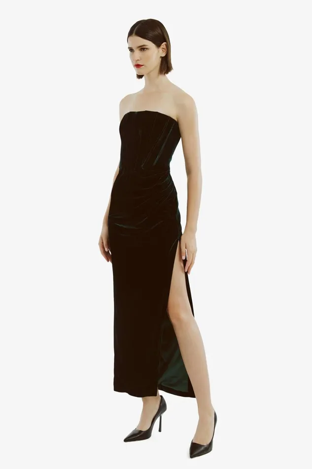 Women Bardot Party Dresses Everlasting Velour Midi Dress In Emerald Gr Emerald Gr
