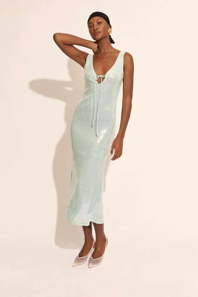 Women Bardot Party Dresses Isha Sequin Midi Dress In Aqua Aqua
