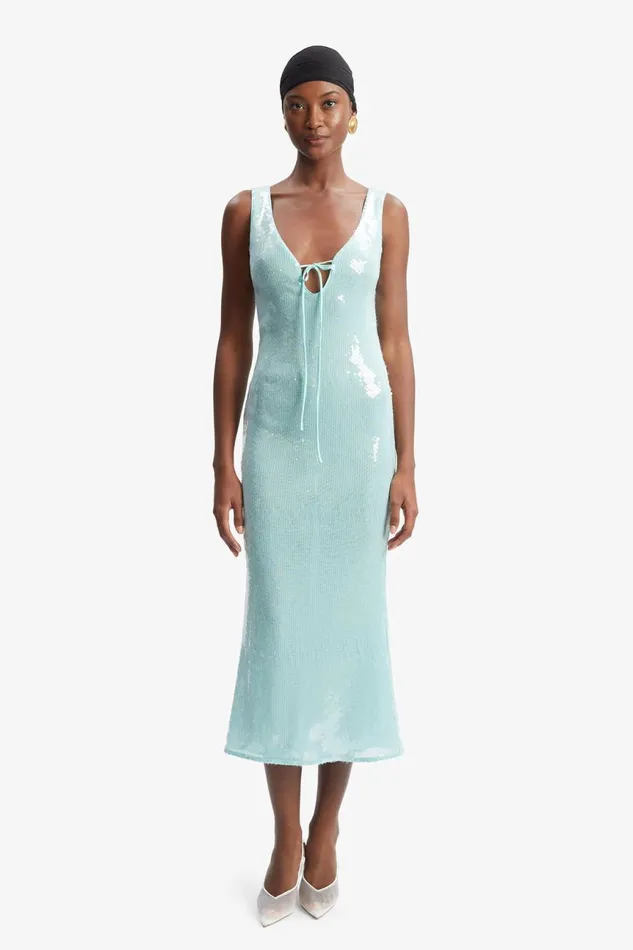 Women Bardot Party Dresses Isha Sequin Midi Dress In Aqua Aqua
