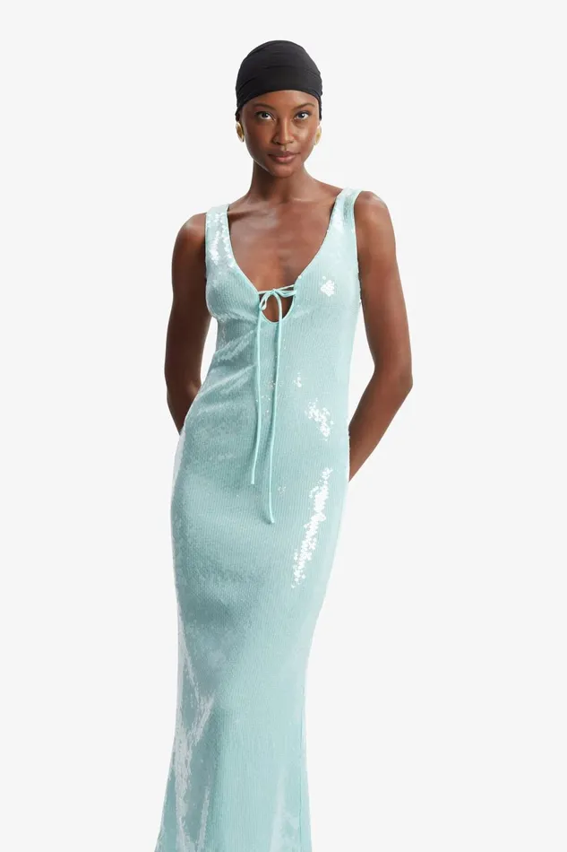 Women Bardot Party Dresses Isha Sequin Midi Dress In Aqua Aqua