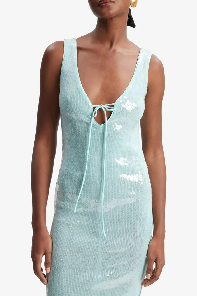 Women Bardot Party Dresses Isha Sequin Midi Dress In Aqua Aqua