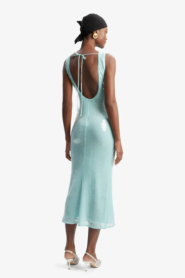 Women Bardot Party Dresses Isha Sequin Midi Dress In Aqua Aqua