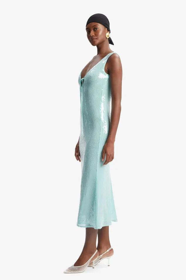 Women Bardot Party Dresses Isha Sequin Midi Dress In Aqua Aqua