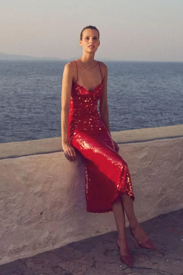 Women Bardot Party Dresses Karina Sequin Maxi Dress In Fire Red Fire Red