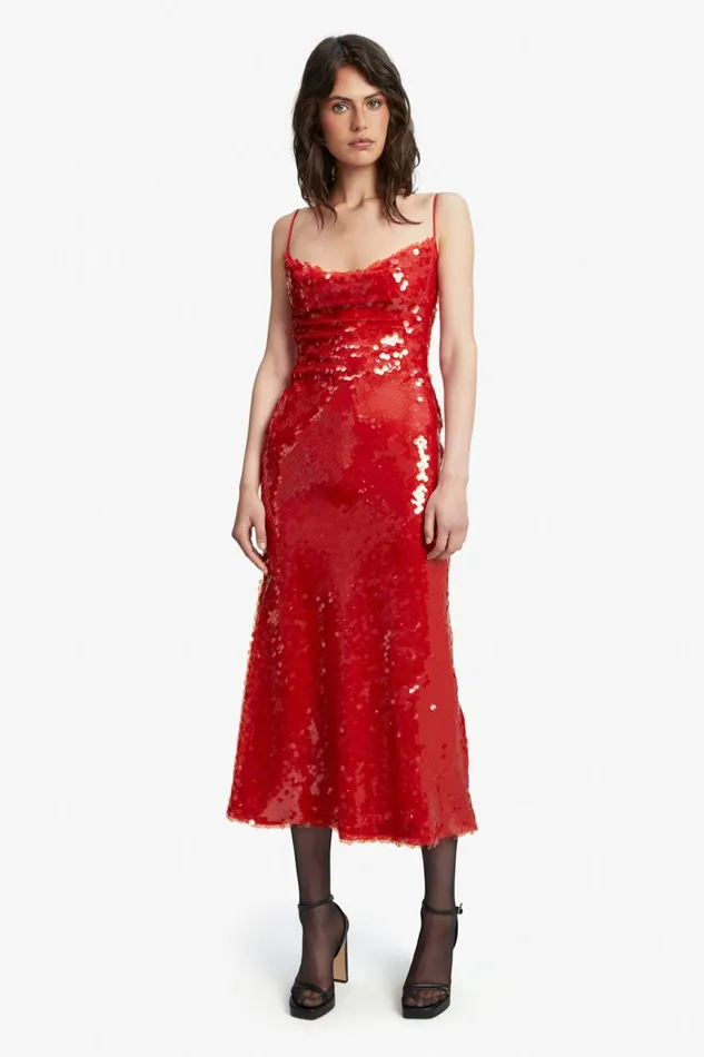Women Bardot Party Dresses Karina Sequin Maxi Dress In Fire Red Fire Red