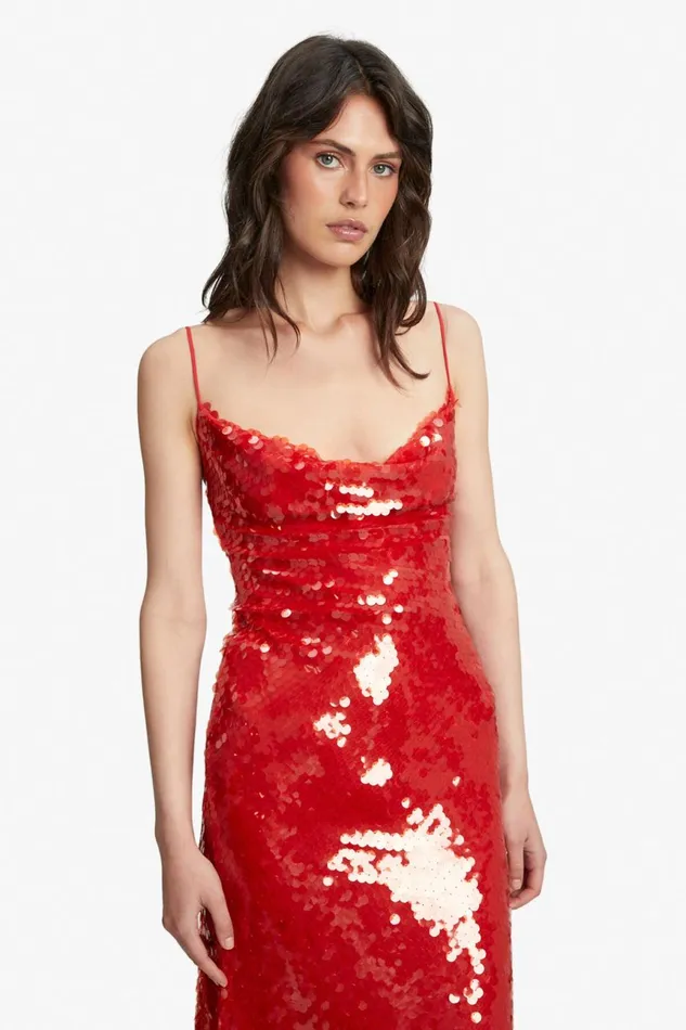 Women Bardot Party Dresses Karina Sequin Maxi Dress In Fire Red Fire Red