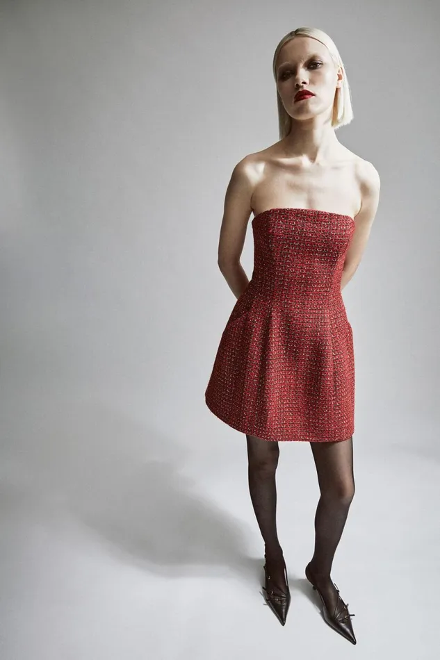 Women Bardot Party Dresses Karoline Boucle Mini Dress In Red Check Red Check
