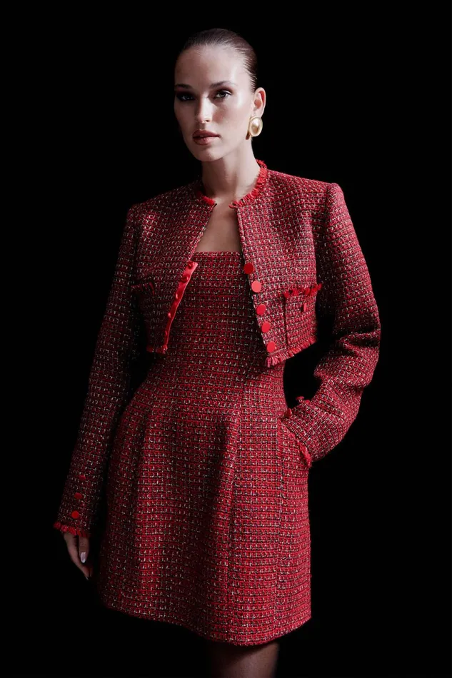Women Bardot Party Dresses Karoline Boucle Mini Dress In Red Check Red Check
