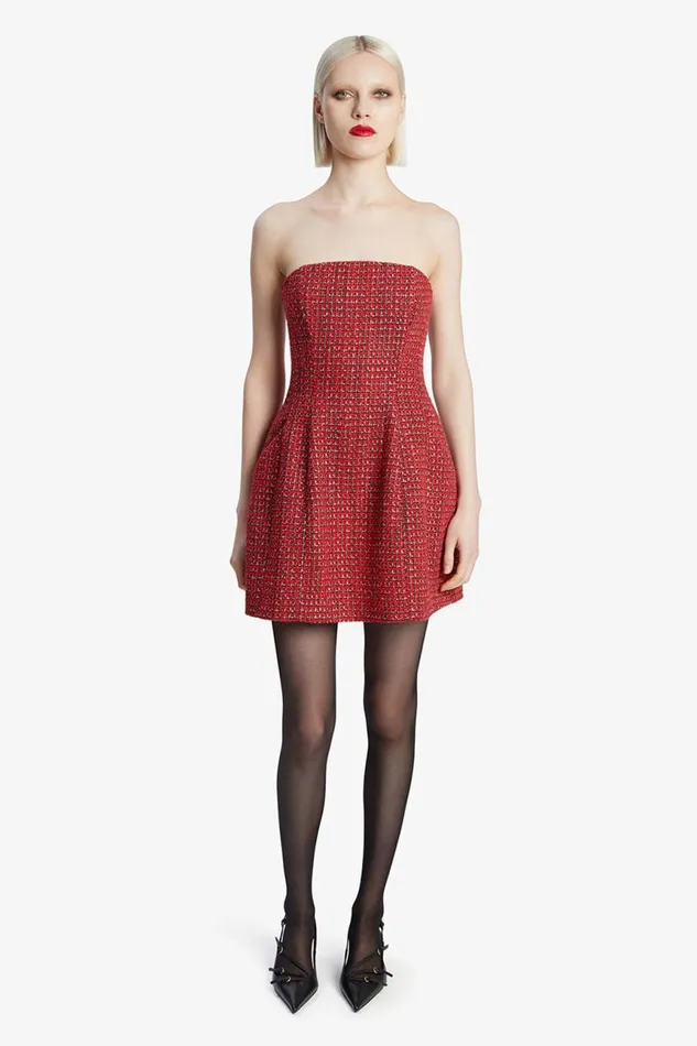 Women Bardot Party Dresses Karoline Boucle Mini Dress In Red Check Red Check