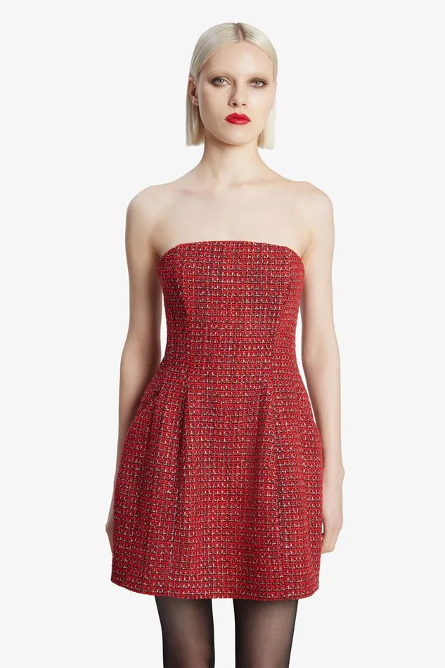 Women Bardot Party Dresses Karoline Boucle Mini Dress In Red Check Red Check