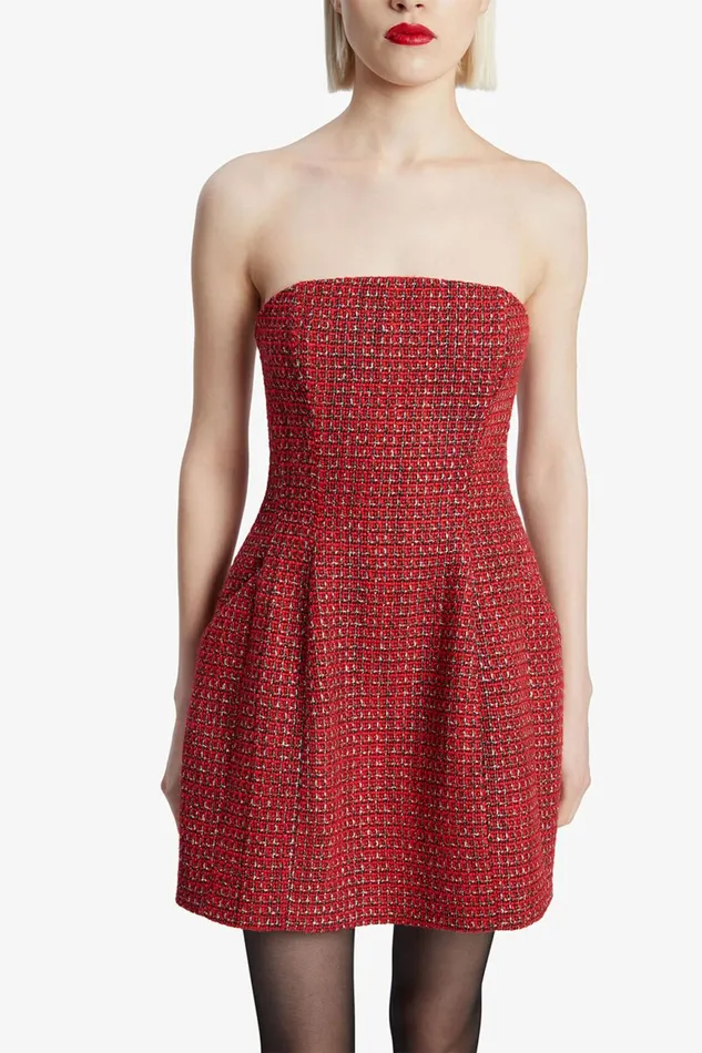Women Bardot Party Dresses Karoline Boucle Mini Dress In Red Check Red Check