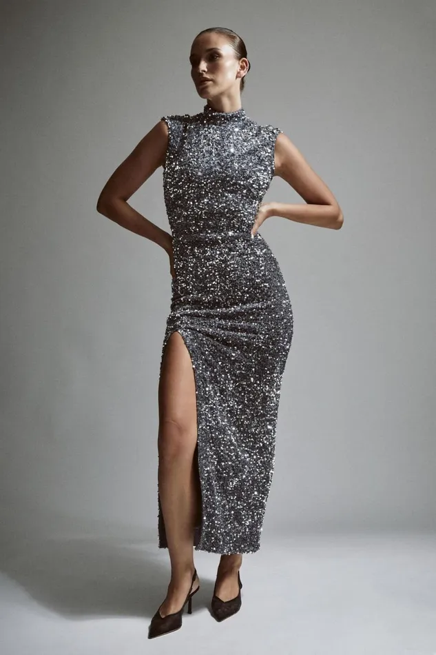 Women Bardot Party Dresses Kelso Velvet Sequin Maxi Dress In Silver Silver