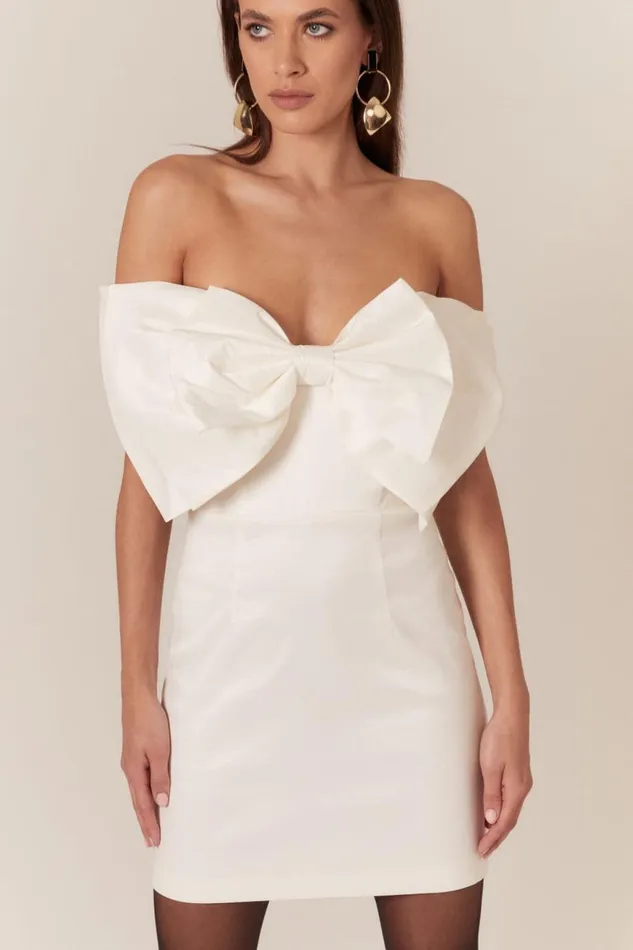 Women Bardot Party Dresses Mini Bow Dress In White White