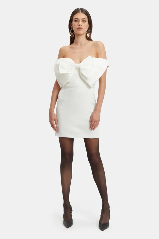Women Bardot Party Dresses Mini Bow Dress In White White Women Bardot Party Dresses Mini Bow Dress In White White