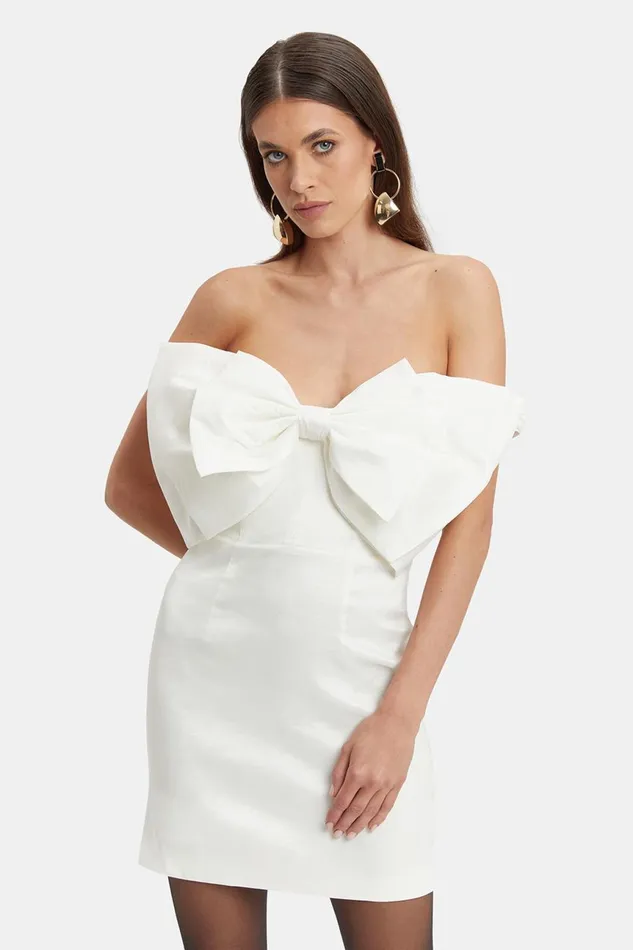 Women Bardot Party Dresses Mini Bow Dress In White White Women Bardot Party Dresses Mini Bow Dress In White White