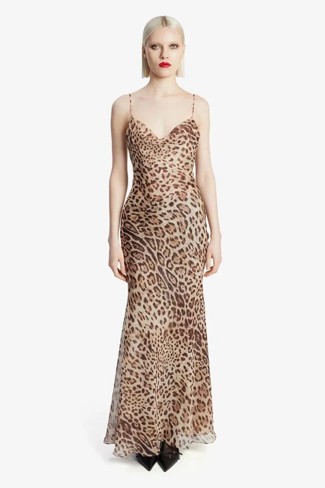 Women Bardot Party Dresses Monroe Cowl Neck Maxi Dress In Brown Leopard Brown Leopard