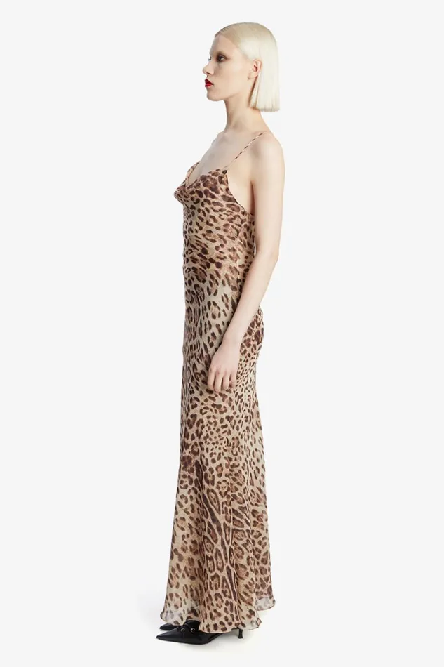 Women Bardot Party Dresses Monroe Cowl Neck Maxi Dress In Brown Leopard Brown Leopard