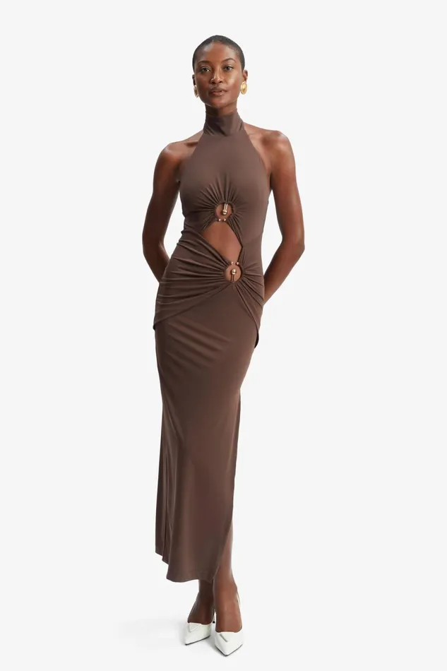 Women Bardot Party Dresses Neve Collar Maxi Dress In Chocolate Chocolate