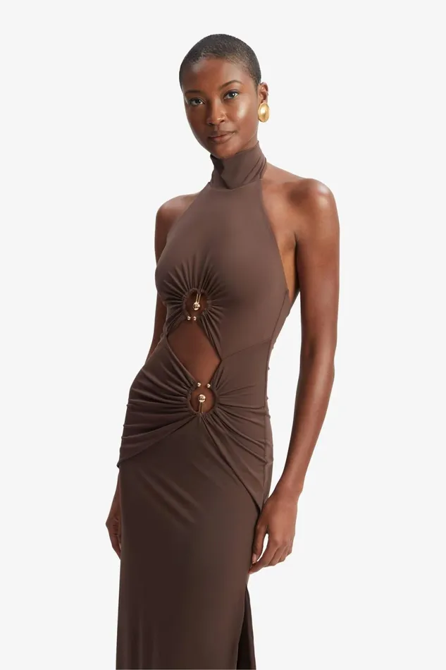Women Bardot Party Dresses Neve Collar Maxi Dress In Chocolate Chocolate