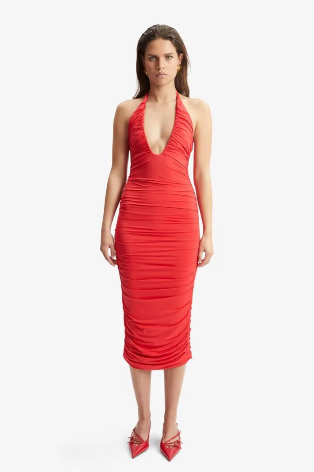 Women Bardot Party Dresses Tisha Halter Midi Dress In Fire Red Fire Red Women Bardot Party Dresses Tisha Halter Midi Dress In Fire Red Fire Red