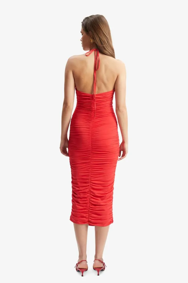 Women Bardot Party Dresses Tisha Halter Midi Dress In Fire Red Fire Red Women Bardot Party Dresses Tisha Halter Midi Dress In Fire Red Fire Red
