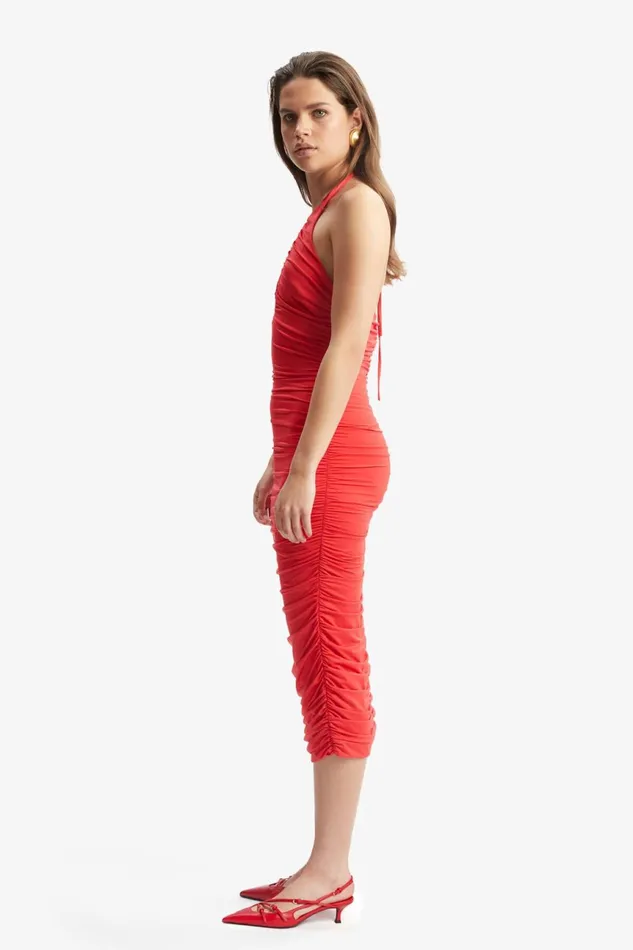 Women Bardot Party Dresses Tisha Halter Midi Dress In Fire Red Fire Red Women Bardot Party Dresses Tisha Halter Midi Dress In Fire Red Fire Red