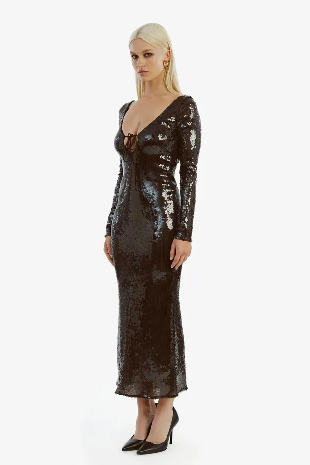 Women Bardot Party Dresses Verona Sequin Maxi Dress In Dark Chocolate Dark Chocolate