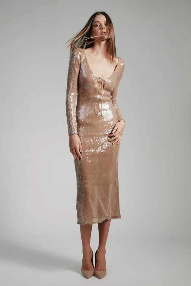 Women Bardot Party Dresses Verona Sequin Maxi Dress In Nude Nude
