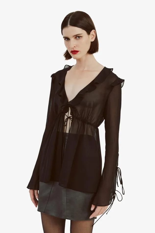 Women Bardot Party Tops Dhalia Frill Blouse In Black Black Women Bardot Party Tops Dhalia Frill Blouse In Black Black