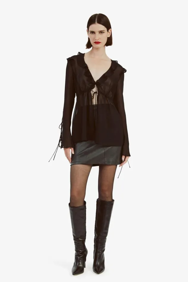 Women Bardot Party Tops Dhalia Frill Blouse In Black Black Women Bardot Party Tops Dhalia Frill Blouse In Black Black